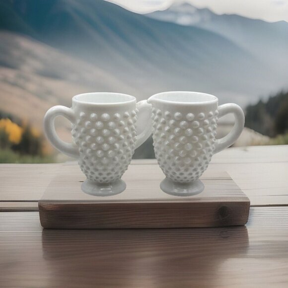 Fenton Other - Vintage Mid-Century Milk Glass Hobnail Small Creamer & Sugar Bowl Pair